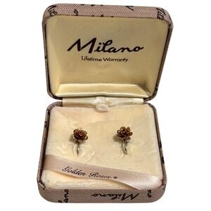 Milano‎ Golden Roses Earrings 14K Gold Pink Gold Screw Back Floral Boxed Vintage